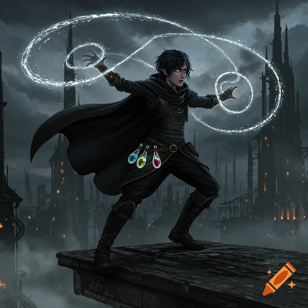 A dark-haired magic-user in a cloak casts a glowing spell on a rooftop overlooking a gloomy, gothic city. Dark fantasy art.