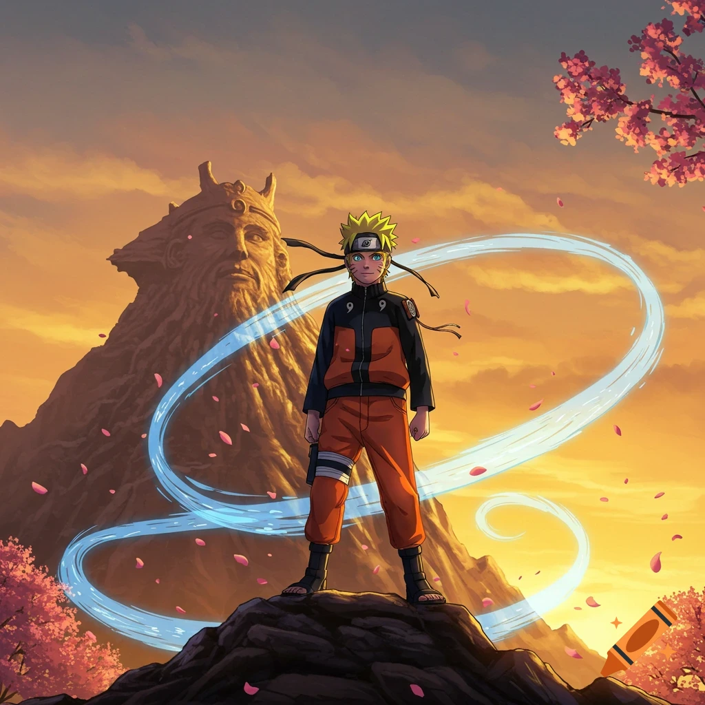Naruto Uzumaki stands heroically on a rock, with a giant face carved into a mountain behind him under an orange sky, cherry blossoms, and a blue energy swirl. Anime style.