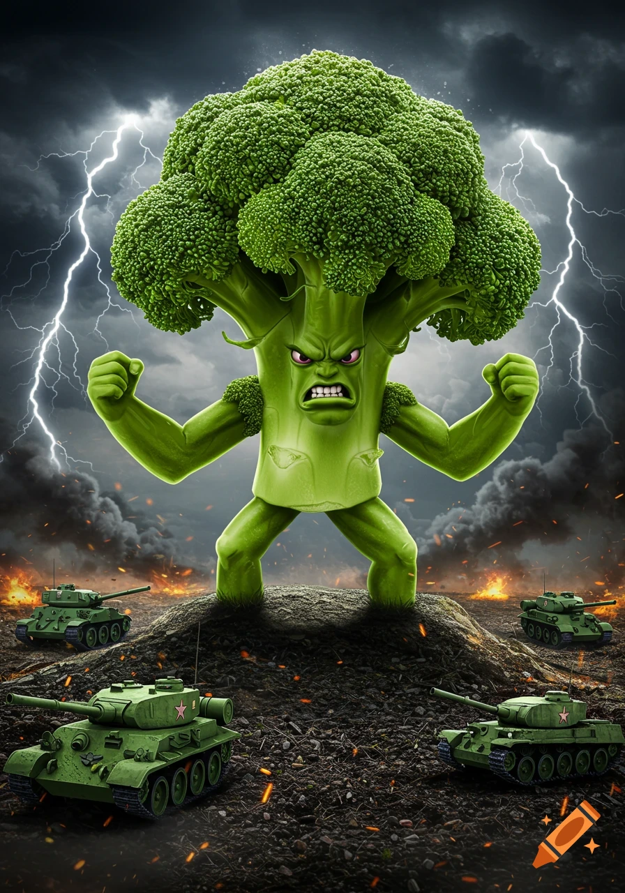 Giant angry broccoli monster with muscles battles tanks under a stormy, lightning-filled sky.
