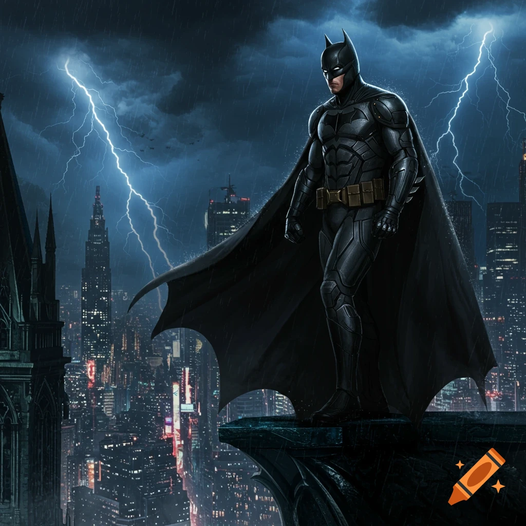 Batman stands on a dark, rainy rooftop overlooking a vast city skyline under a stormy sky with lightning.
