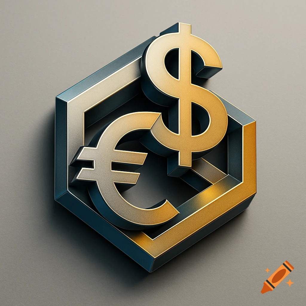 A 3D golden dollar sign and silver euro sign interlocked within a dark geometric frame, creating an optical illusion.