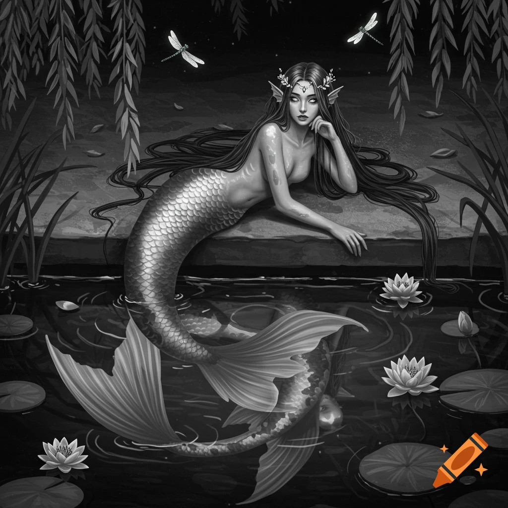Black and white illustration of a mermaid with a koi tail reclining in a dark pond with lily pads, water lilies, and dragonflies.