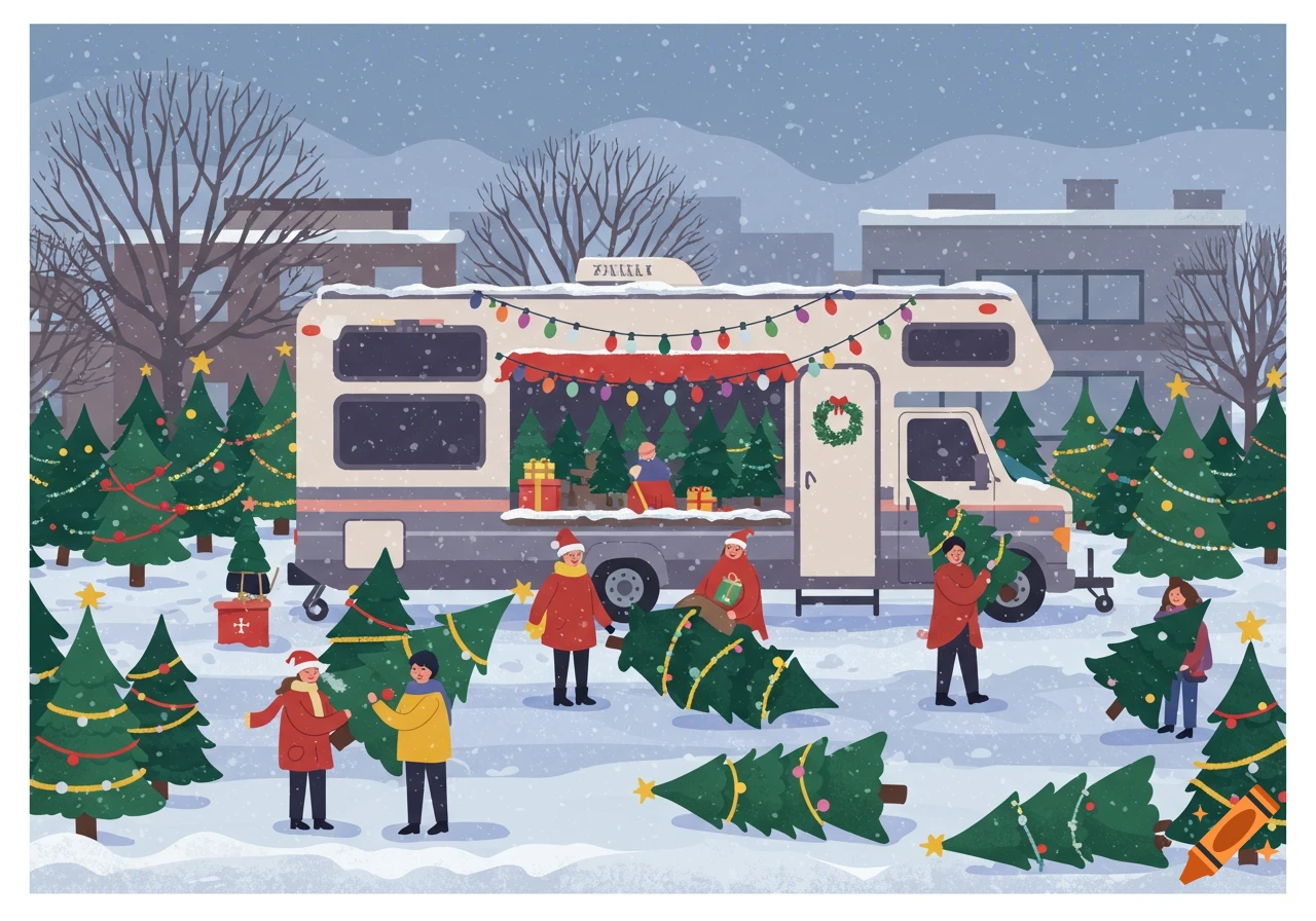 A flat vector illustration of a Christmas tree vendor's RV in a snowy parking lot, with people carrying decorated evergreen trees.