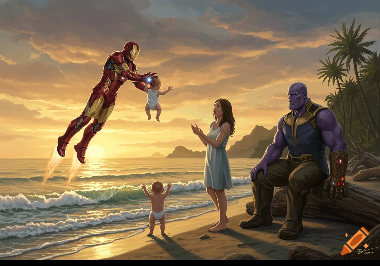 Iron Man flies over a sunset beach, handing a baby to a woman, as Thanos watches nearby. A second baby is by the water.