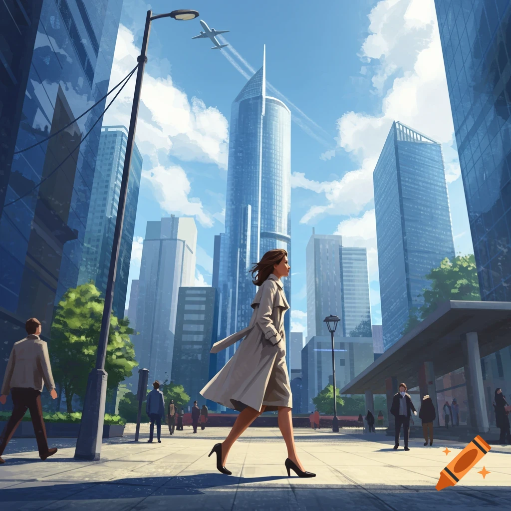 Illustrative view of a woman in a trench coat walking in a modern city street with skyscrapers and a plane overhead.