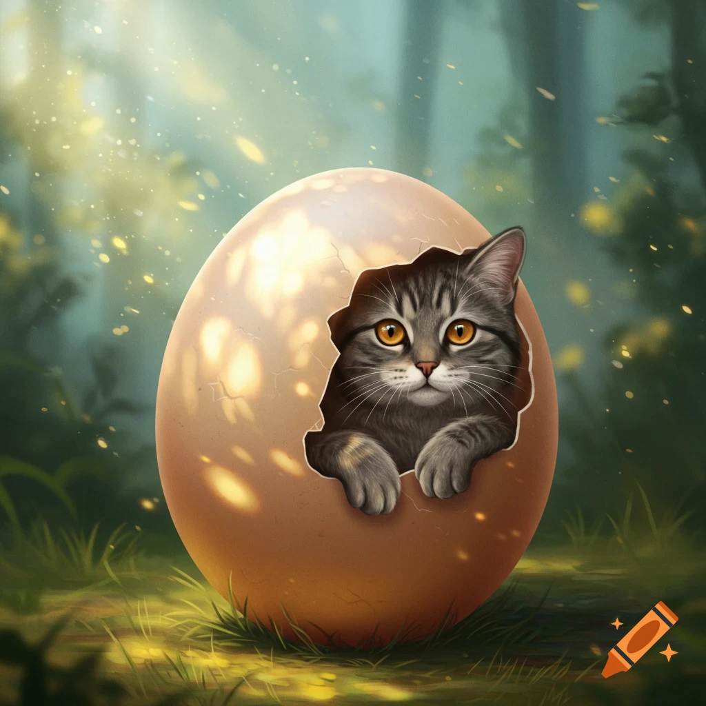 A fluffy tabby cat with golden eyes peeks out of a cracked egg in a sunlit forest.