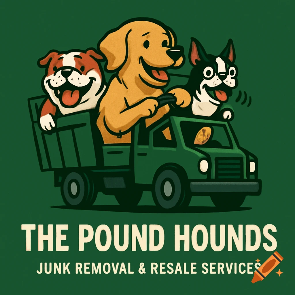 Cartoon logo of a golden retriever, bulldog, and Boston terrier driving a green junk truck with 'The Pound Hounds Junk Removal & Resale Services' text.