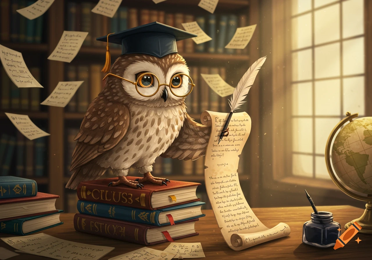 A wise cartoon owl in a graduation cap and glasses sits on a stack of books, writing with a quill on a long scroll in a library setting.
