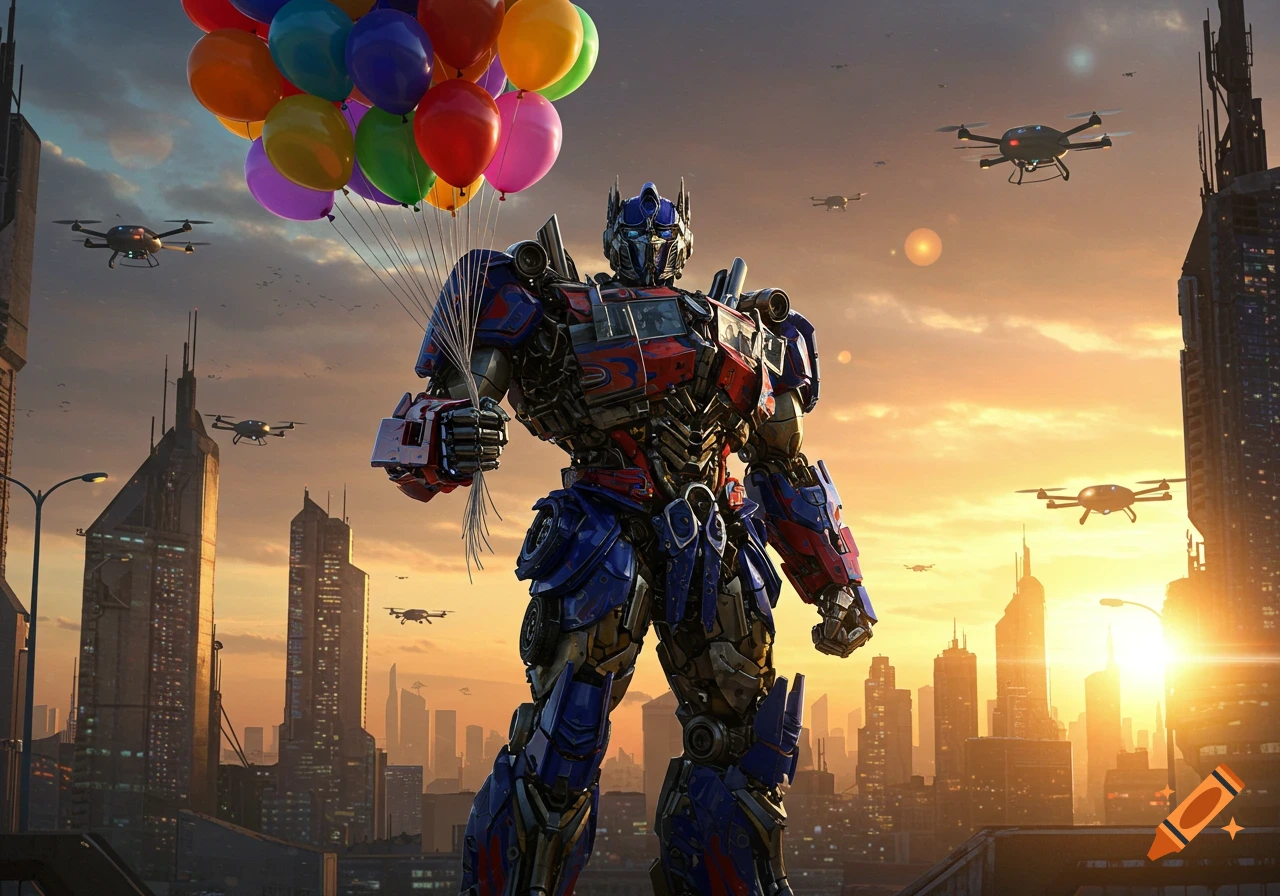 Photorealistic Optimus Prime holding colorful balloons in a futuristic city at sunset with drones flying.