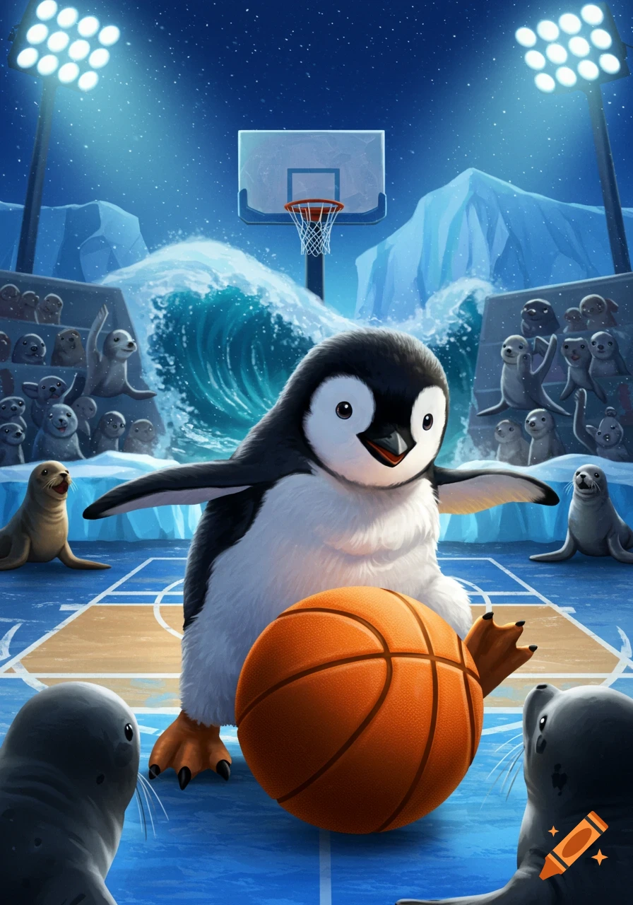 A cheerful cartoon penguin playing basketball on an ice court, surrounded by seals, with a wave and icebergs in the background.