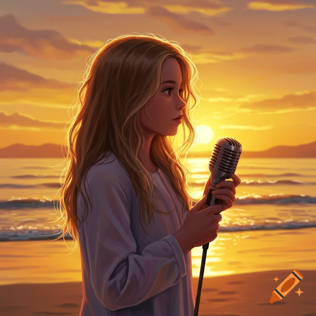 Digital painting of a girl with long blonde hair holding a vintage microphone on a beach at golden sunset.