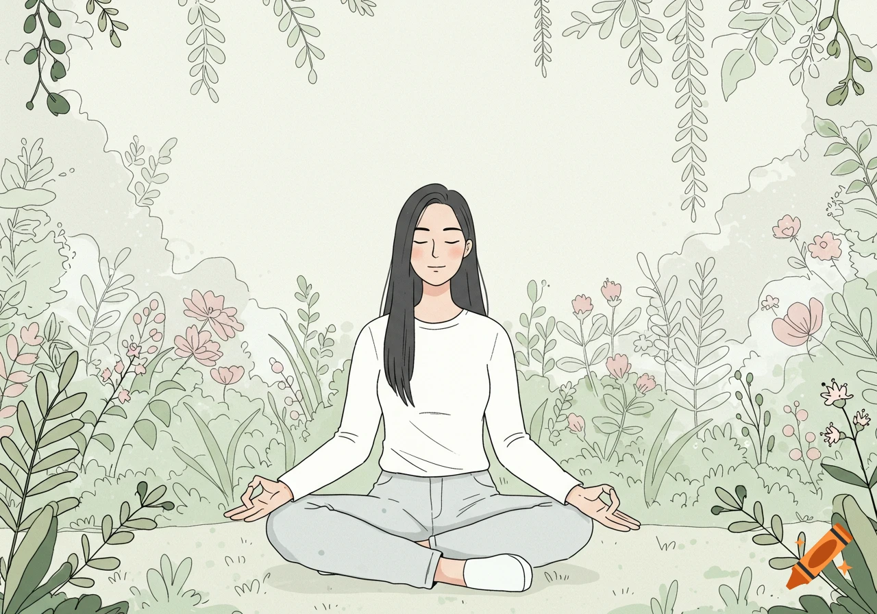 A minimal cartoon girl with long dark hair meditates in a lotus position, surrounded by serene plants and pink flowers.