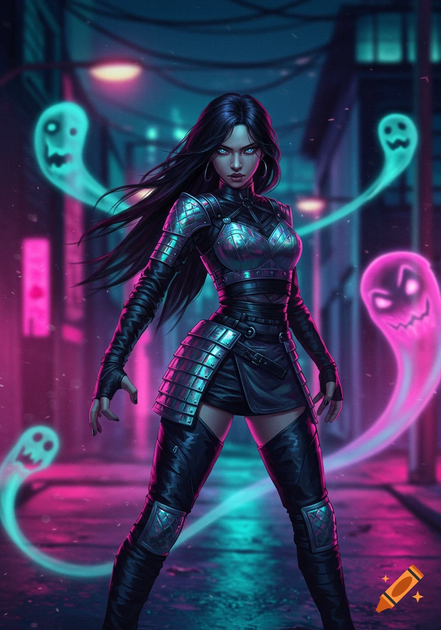 Female warrior in black armor with long dark hair and glowing blue eyes stands in a neon-lit alley surrounded by aqua and pink ghost figures.