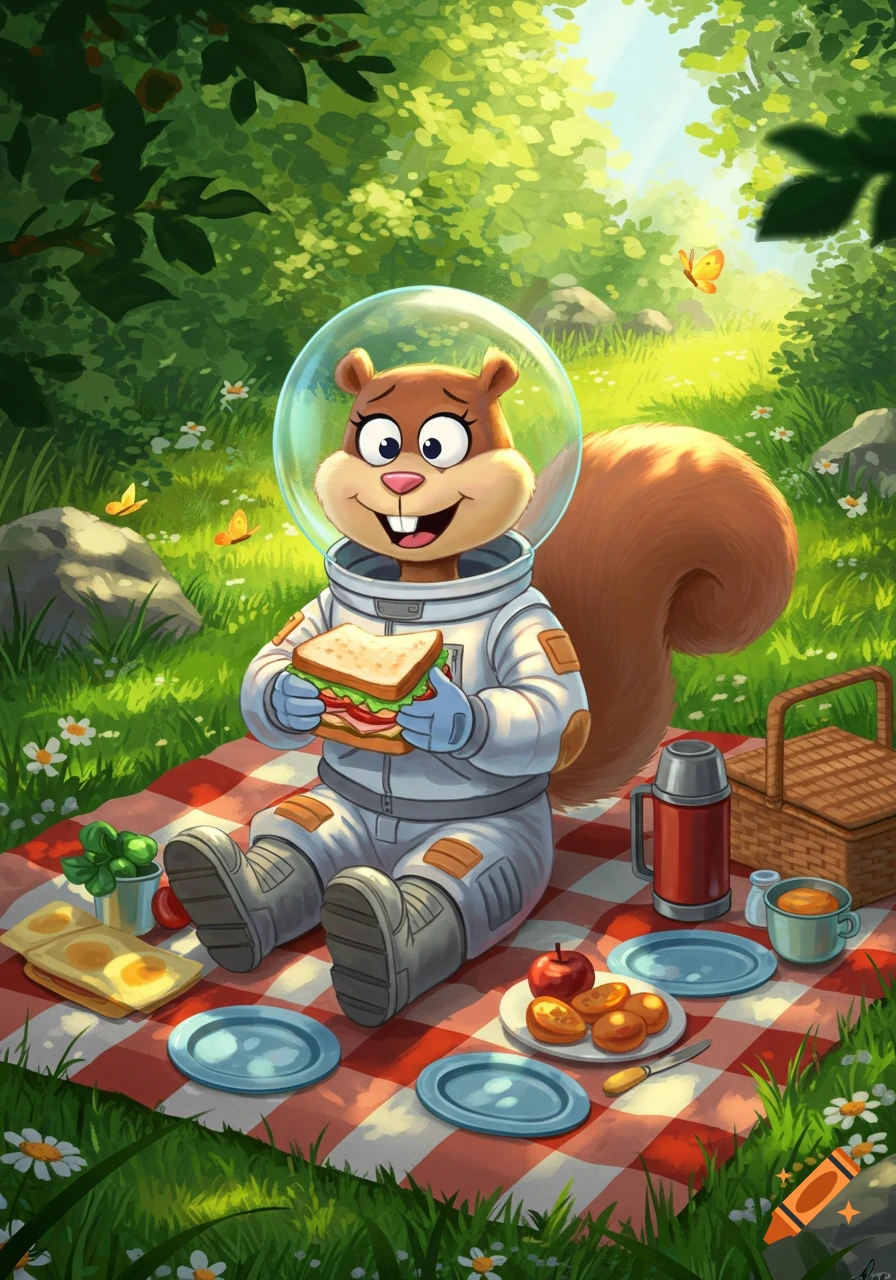 Cartoon illustration of Sandy Cheeks in her astronaut suit having a picnic in a sunny, green field with flowers and butterflies.
