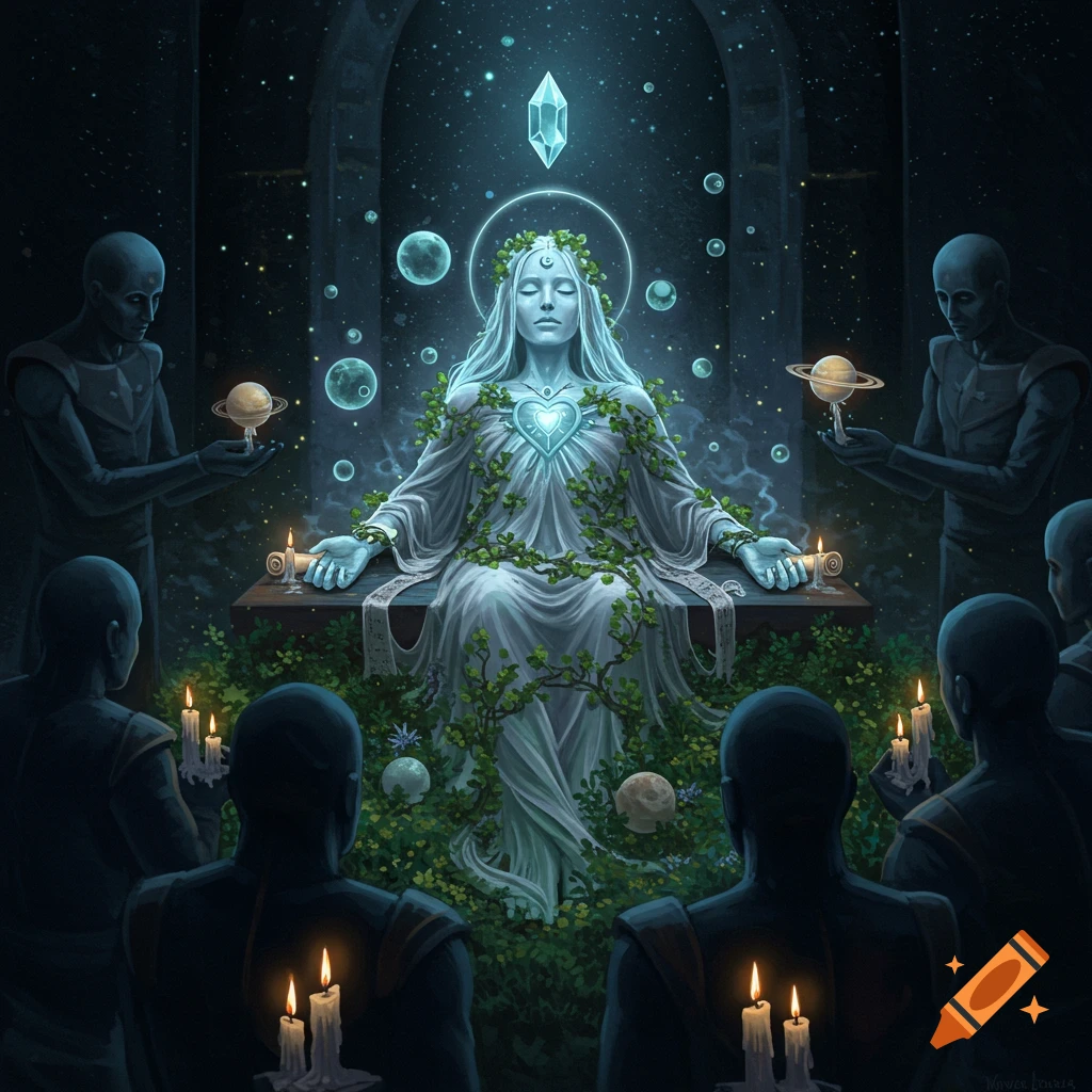 Ethereal figure with a glowing heart crystal and vines, meditating in a cosmic chamber, surrounded by robed figures