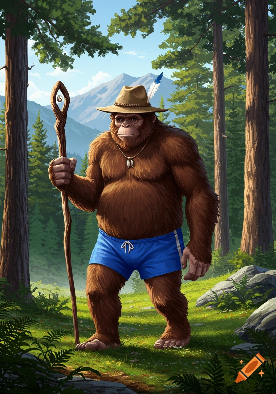 An illustrated Bigfoot wearing a hat and blue shorts, holding a walking stick, stands in a sunny forest.