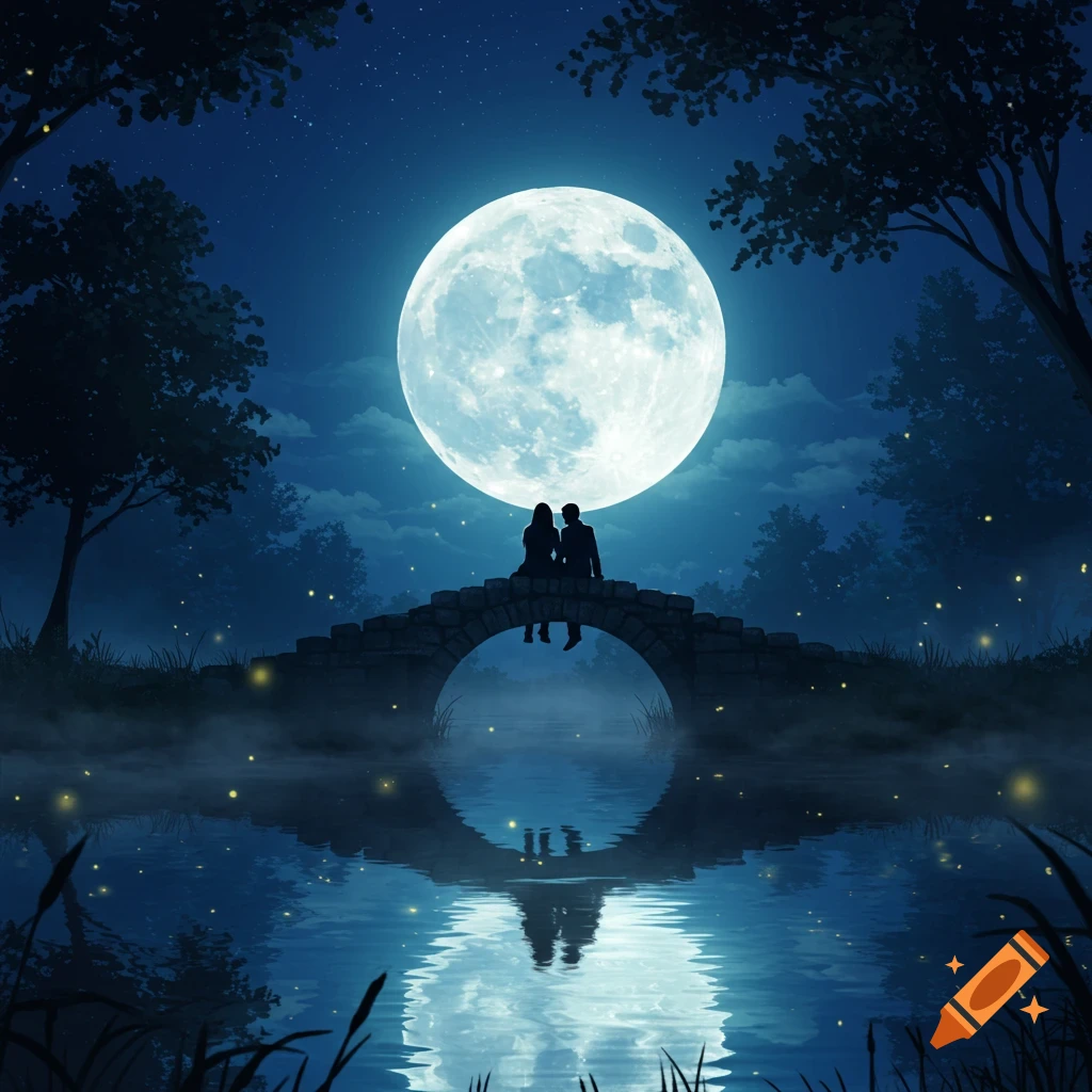 A silhouetted couple sits on a stone bridge over water under a large full moon, surrounded by trees with fireflies.