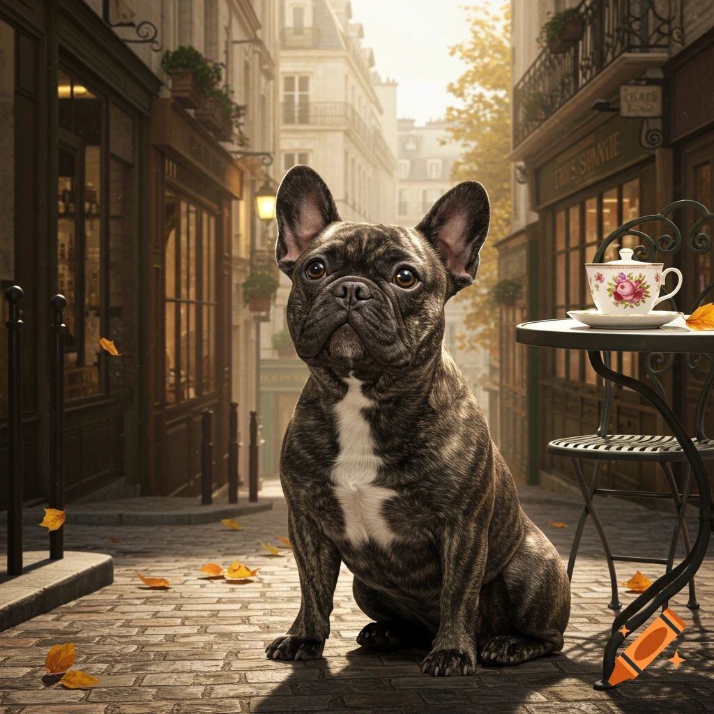 A photorealistic French bulldog sits on a cobblestone street in a charming European city with cafes and autumn leaves, looking at the camera.
