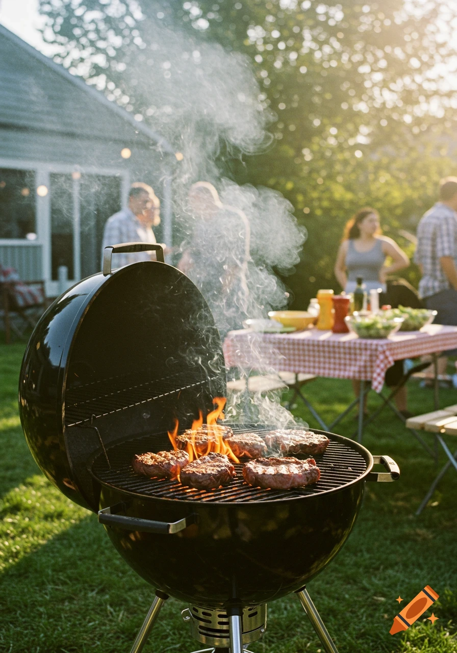 Burgers cooking on a black barbecue grill with flames and smoke in a sunny backyard, people gathered in the background.