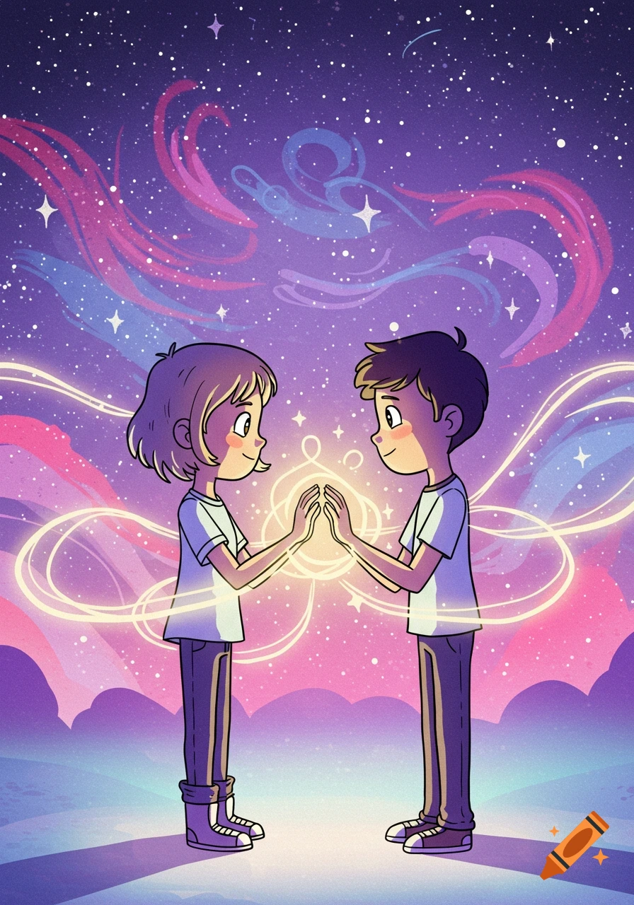 A cartoon boy and girl hold hands with glowing light between them, against a starry, purple and pink cosmic background.