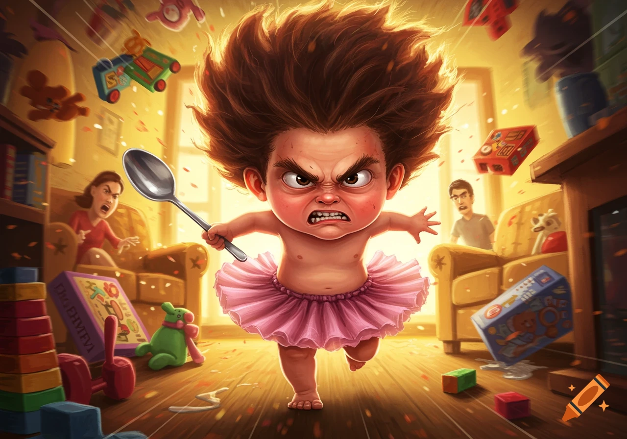 An angry, red-faced baby with wild hair and a pink tutu runs towards screaming parents, holding a spoon amidst flying toys in a chaotic living room.