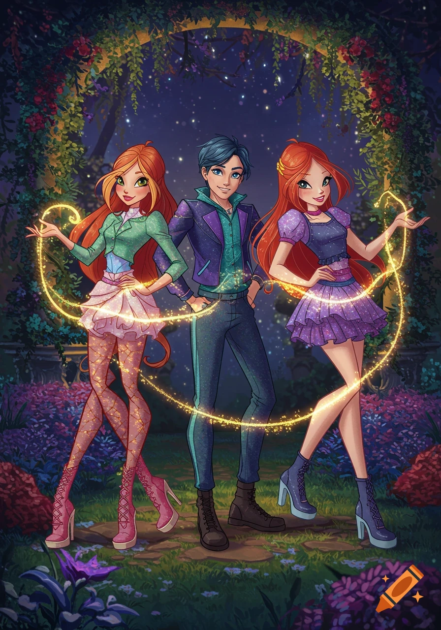 Three cartoon characters, two red-haired girls and a blue-haired boy, stand in a magical garden with glowing golden trails around them.