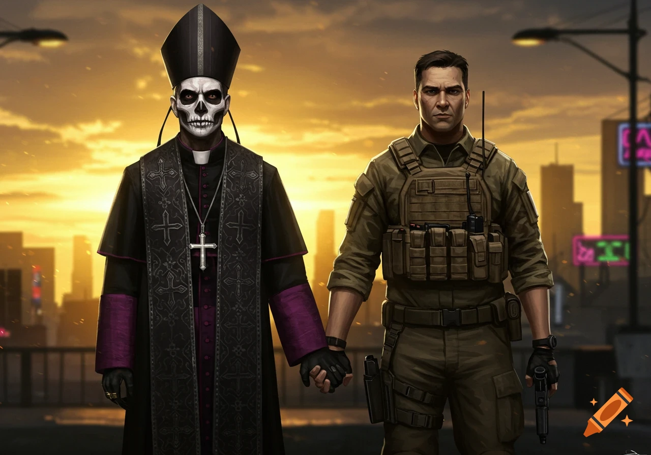Digital illustration of skeletal Papa Emeritus IV and a soldier holding hands, with a sunset city background.