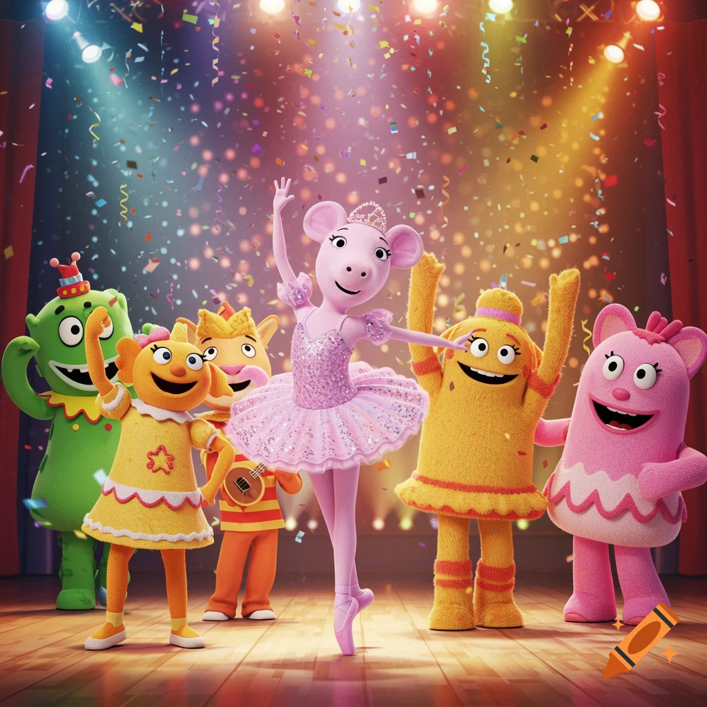 Colorful cartoon characters, including Angelina Ballerina, perform on a stage with confetti falling around them.