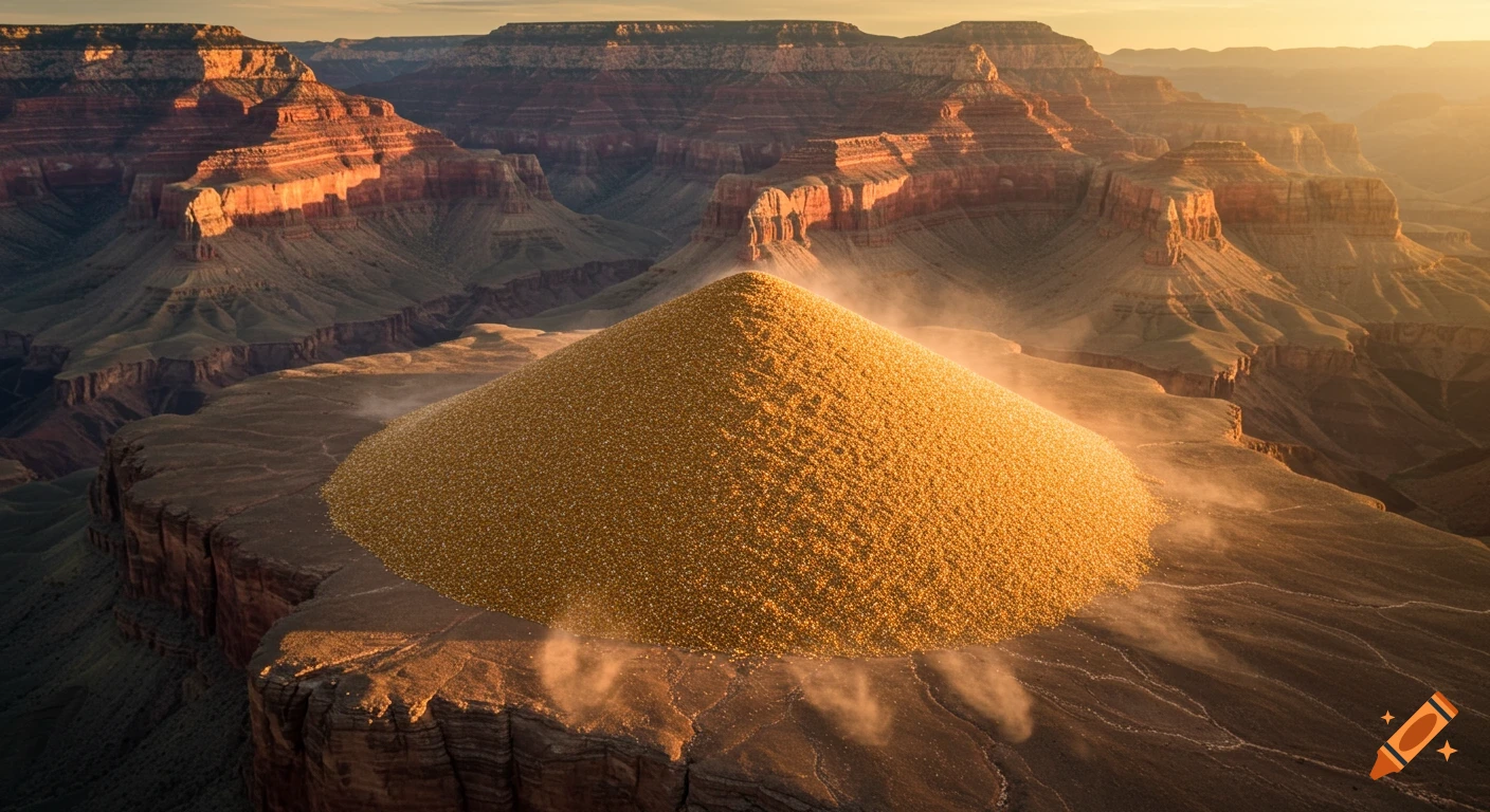 Photorealistic drone footage of a massive golden corn pile sitting unrealistically in the Grand Canyon, bathed in warm sunset light.