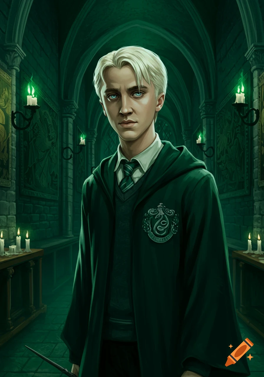 A solemn Draco Malfoy in Slytherin robes stands in a dark green, arched hall, holding a wand. Digital painting.
