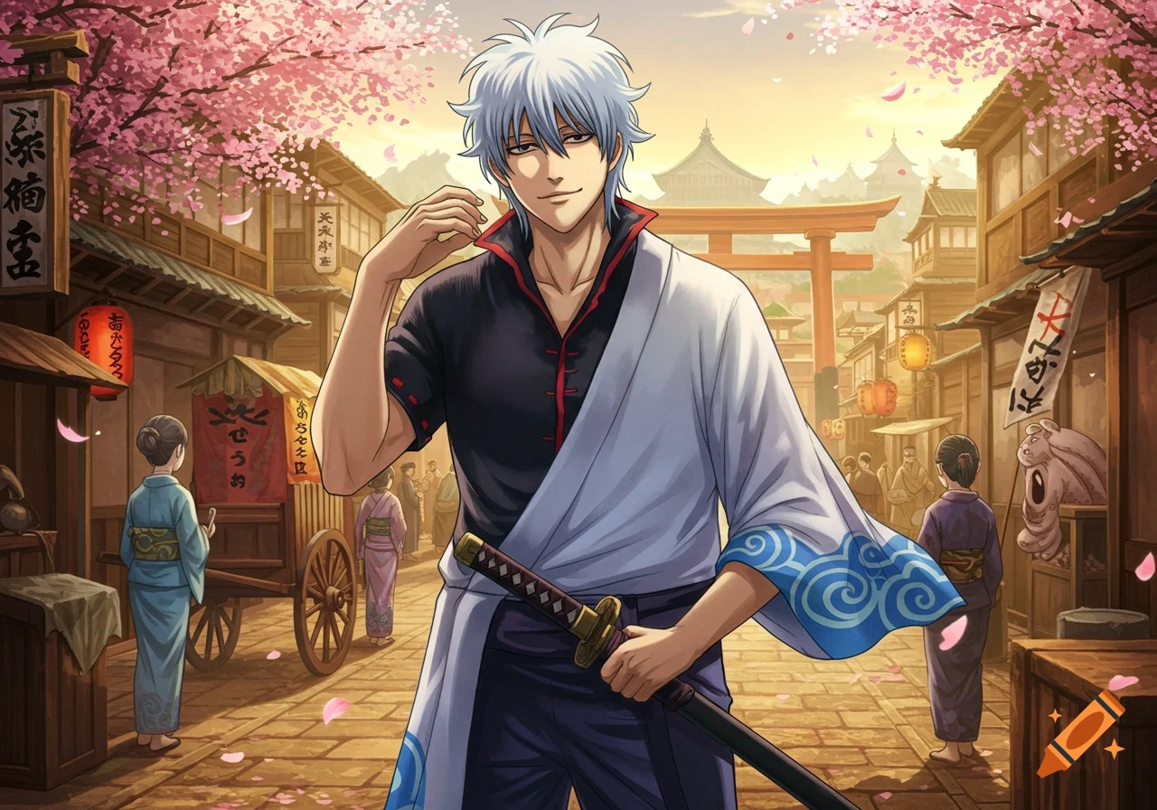 An anime man with white hair and a black and white kimono holds a sword on a traditional Japanese street with cherry blossoms at sunset.