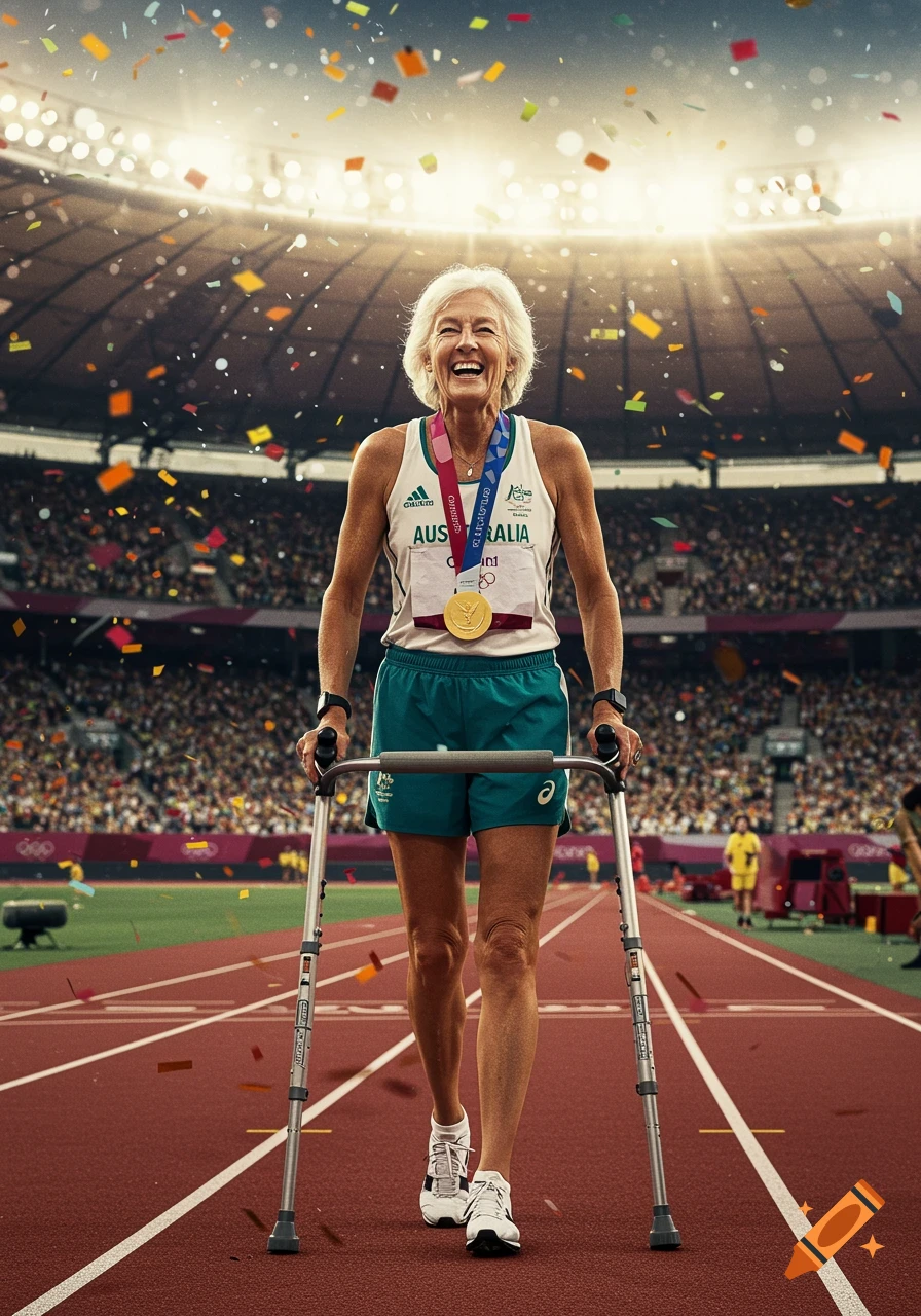 Photorealistic image of a joyful elderly woman with a gold medal and walking frame, celebrating on an Olympic track as confetti falls.