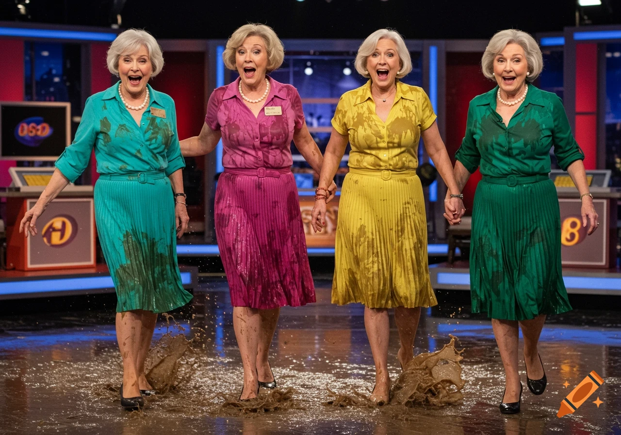 Four senior women in colorful teal, magenta, yellow, and green pleated dresses covered in mud, splashing through water on a TV game show set.