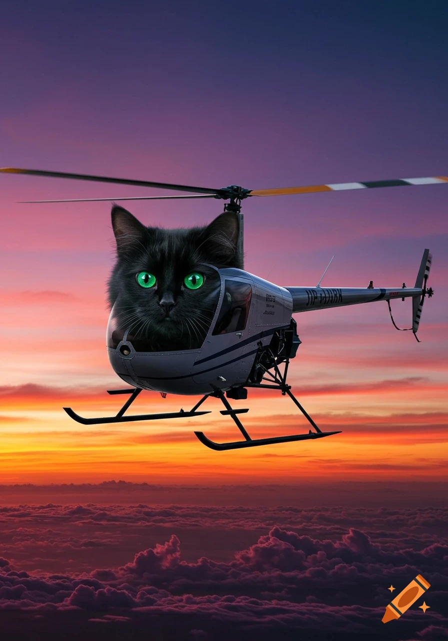 Photorealistic black cat with glowing green eyes forming the cockpit of a helicopter, flying above clouds at sunset.