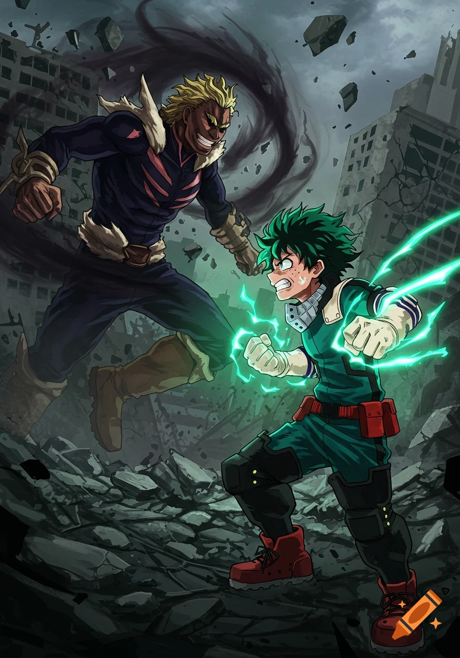 Anime battle: All For One lunges at Deku, who crackles with green energy, amidst a destroyed city.