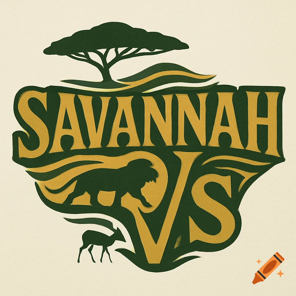 Stylized logo in dark green and gold, featuring the word 'SAVANNAH' above 'VS', with an acacia tree, lion, and deer silhouettes.