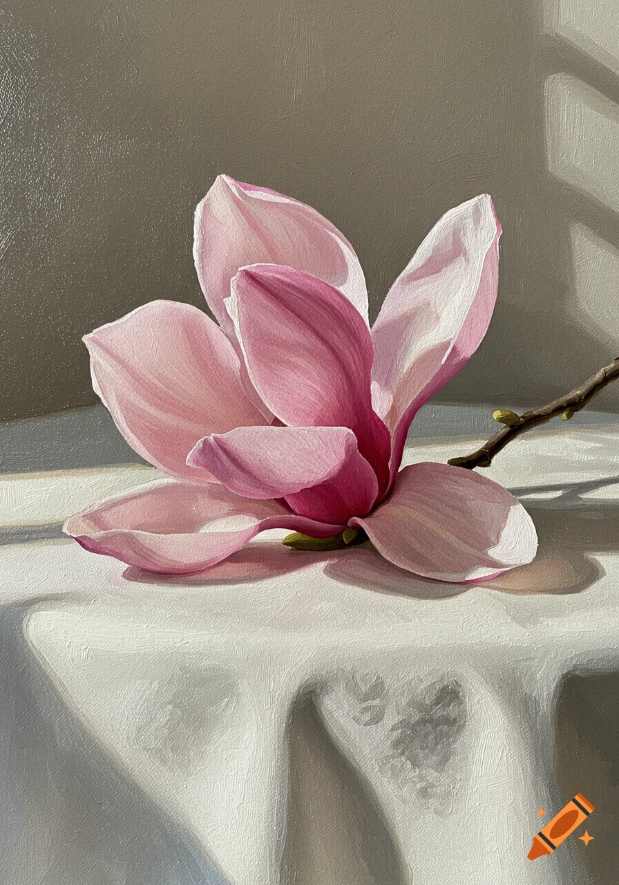 An oil painting of a vibrant pink magnolia flower on a white tablecloth, bathed in sunlight with strong shadows.