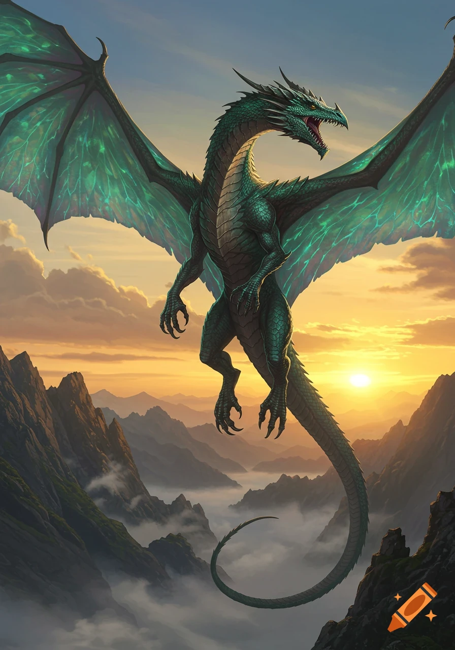 A majestic green dragon with glowing teal wings soars above misty mountains at sunset.