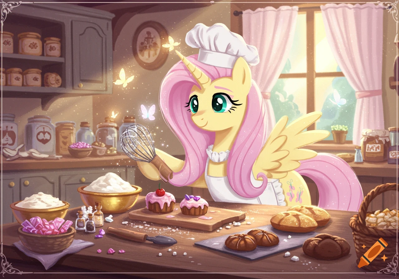 A cartoon yellow unicorn with pink mane and wings, wearing a chef's hat, bakes cupcakes in a sunlit kitchen.