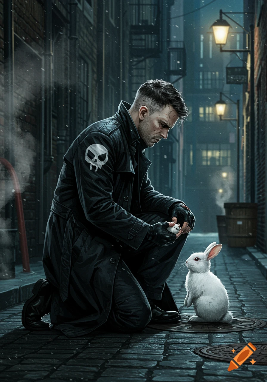 A man in a black trench coat with a skull logo kneels in a dark, rainy alley, looking at a white rabbit.