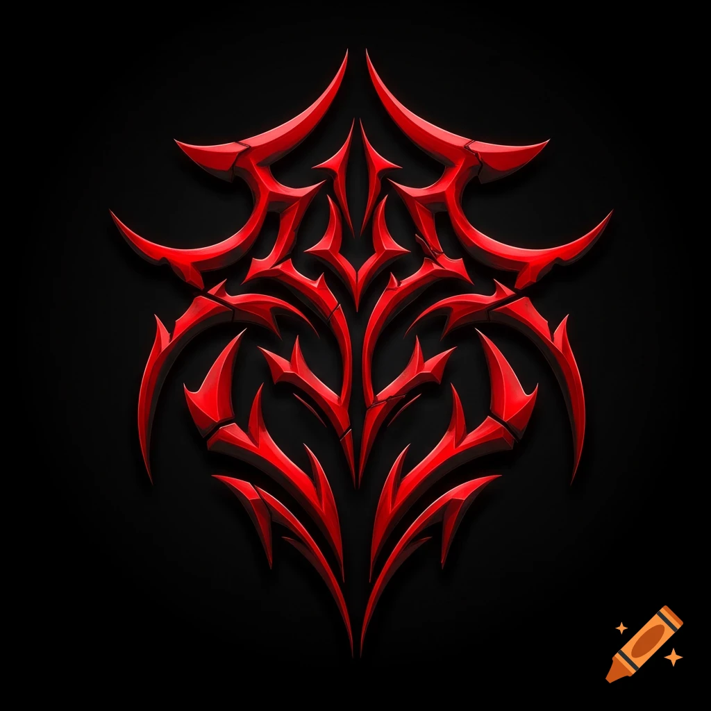 A vibrant red, abstract, tribal-style symbol with sharp, fractured lines and a metallic sheen on a black background.