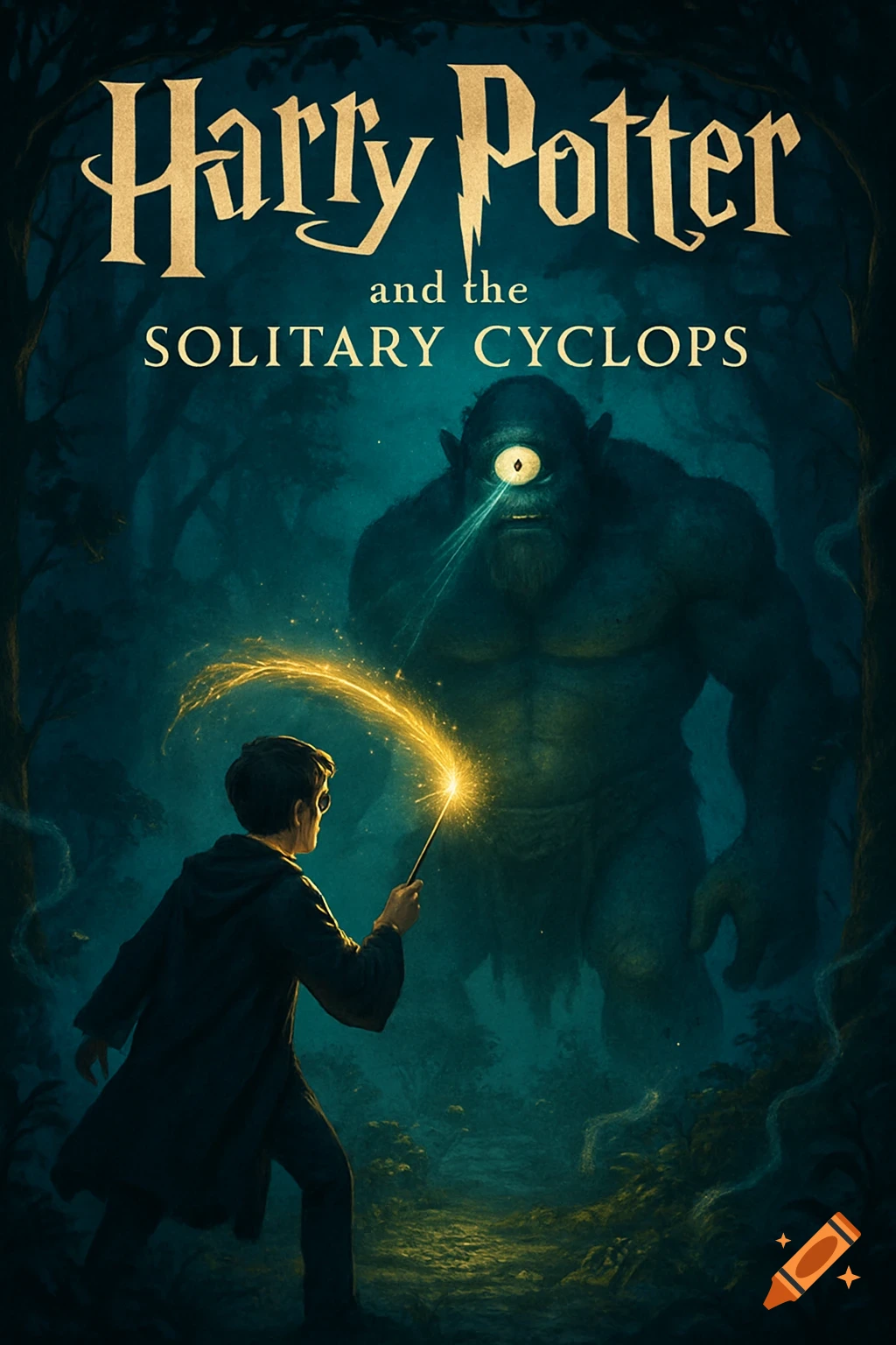Illustrated book cover for 'Harry Potter and the Solitary Cyclops' depicting Harry Potter facing a cyclops in a dark, magical forest.