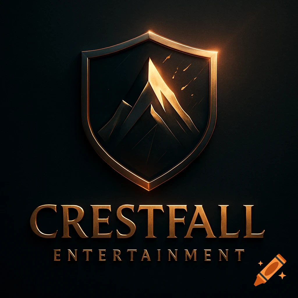 A cinematic gold and dark metallic shield logo with a mountain peak and falling shards, and the text 'CrestFall Entertainment'.