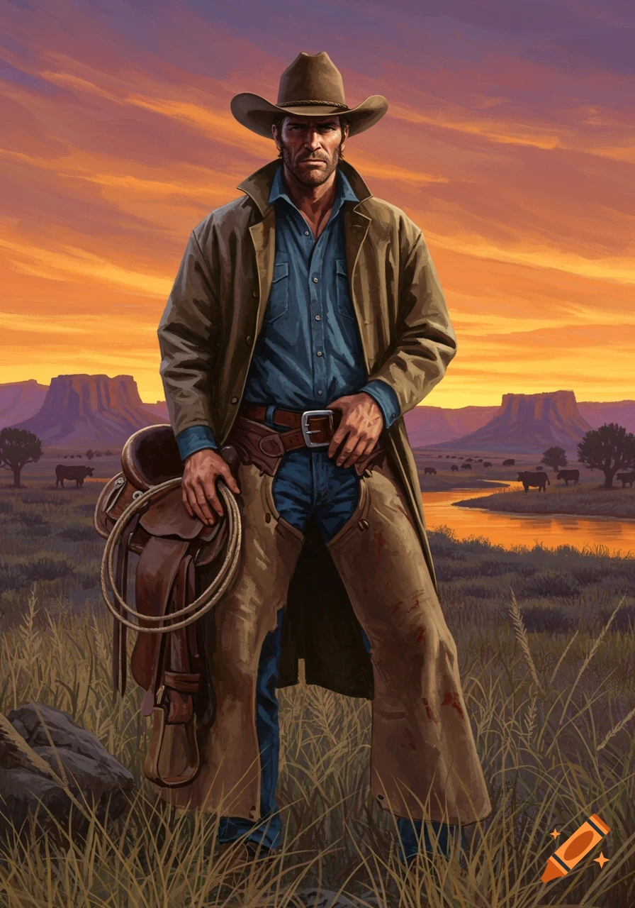 Illustration of a cowboy in a duster and hat, holding a saddle and rope, at sunset in a Western landscape.