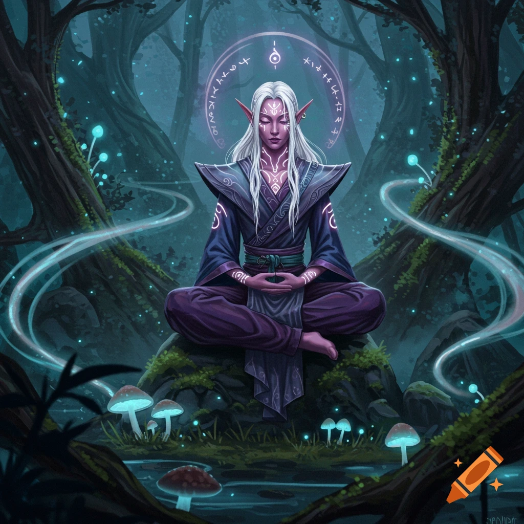 A white-haired, purple-skinned elf meditates in a dark, glowing forest with luminous mushrooms and magic symbols.