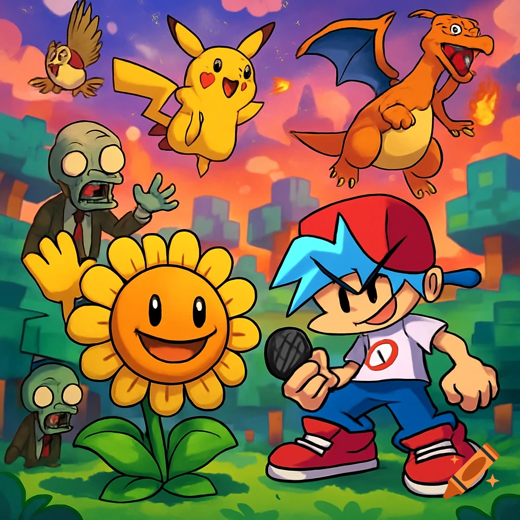 Cartoon crossover art with Pikachu, Charizard, Plants vs. Zombies characters, Boyfriend from Friday Night Funkin', and an owl in a blocky landscape.