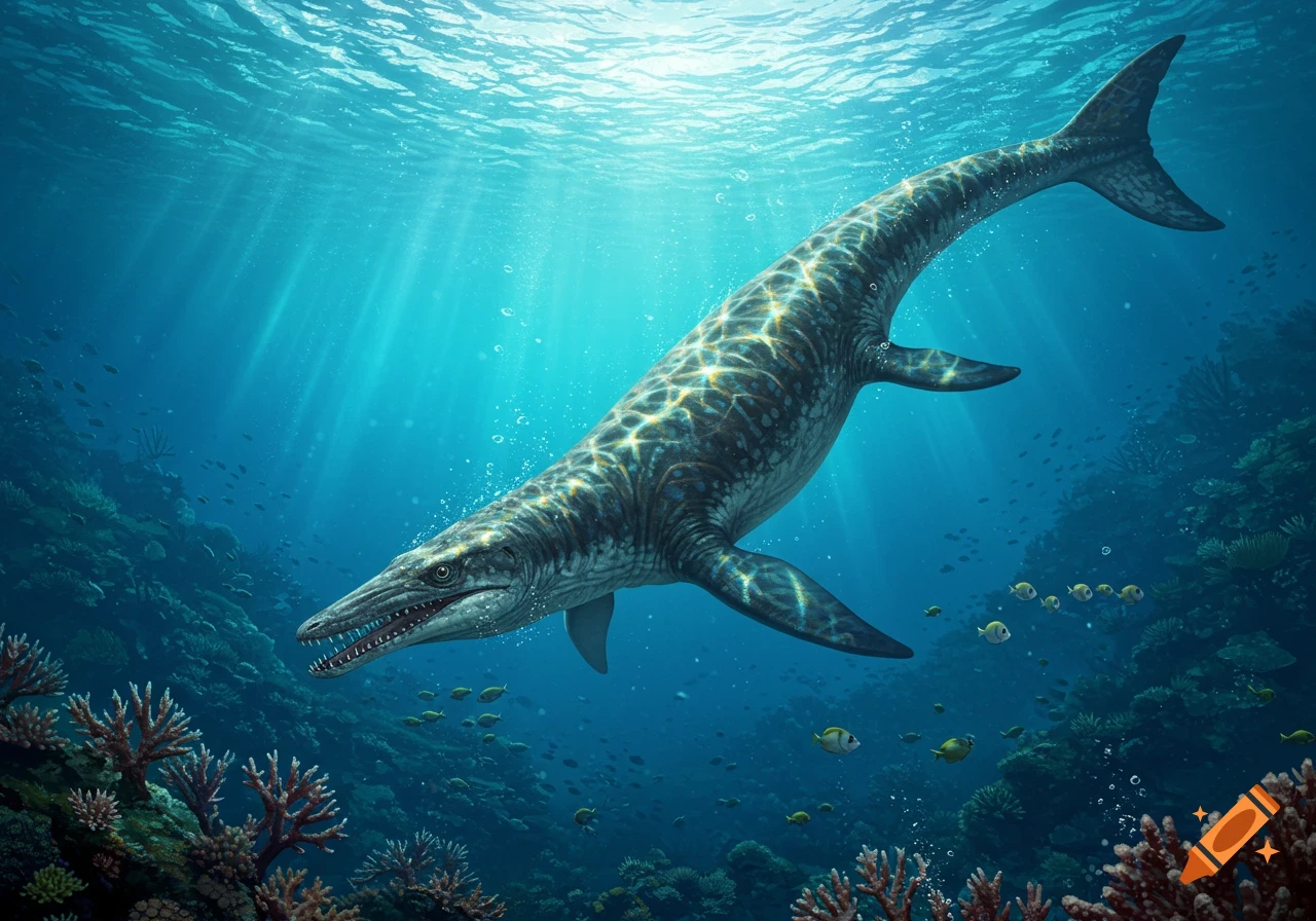 A large prehistoric marine reptile, resembling a mosasaur, swims through clear blue ocean waters with sunlight rays, surrounded by coral and small fish.