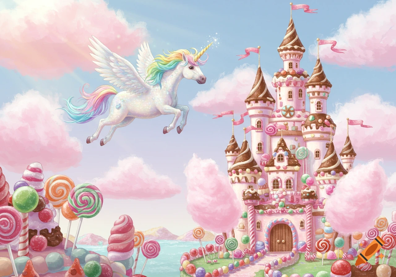 A whimsical illustration of a white unicorn with rainbow mane and wings flying over a pink candy castle in a land of lollipops and cotton candy clouds.
