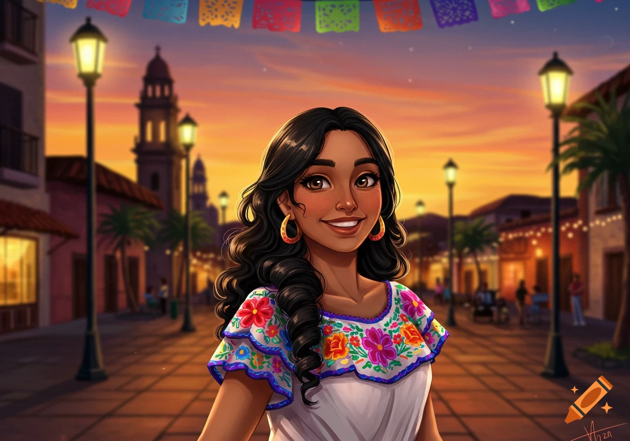 Smiling Latina woman in a colorful embroidered blouse on a vibrant street with festive banners at sunset, illustration.