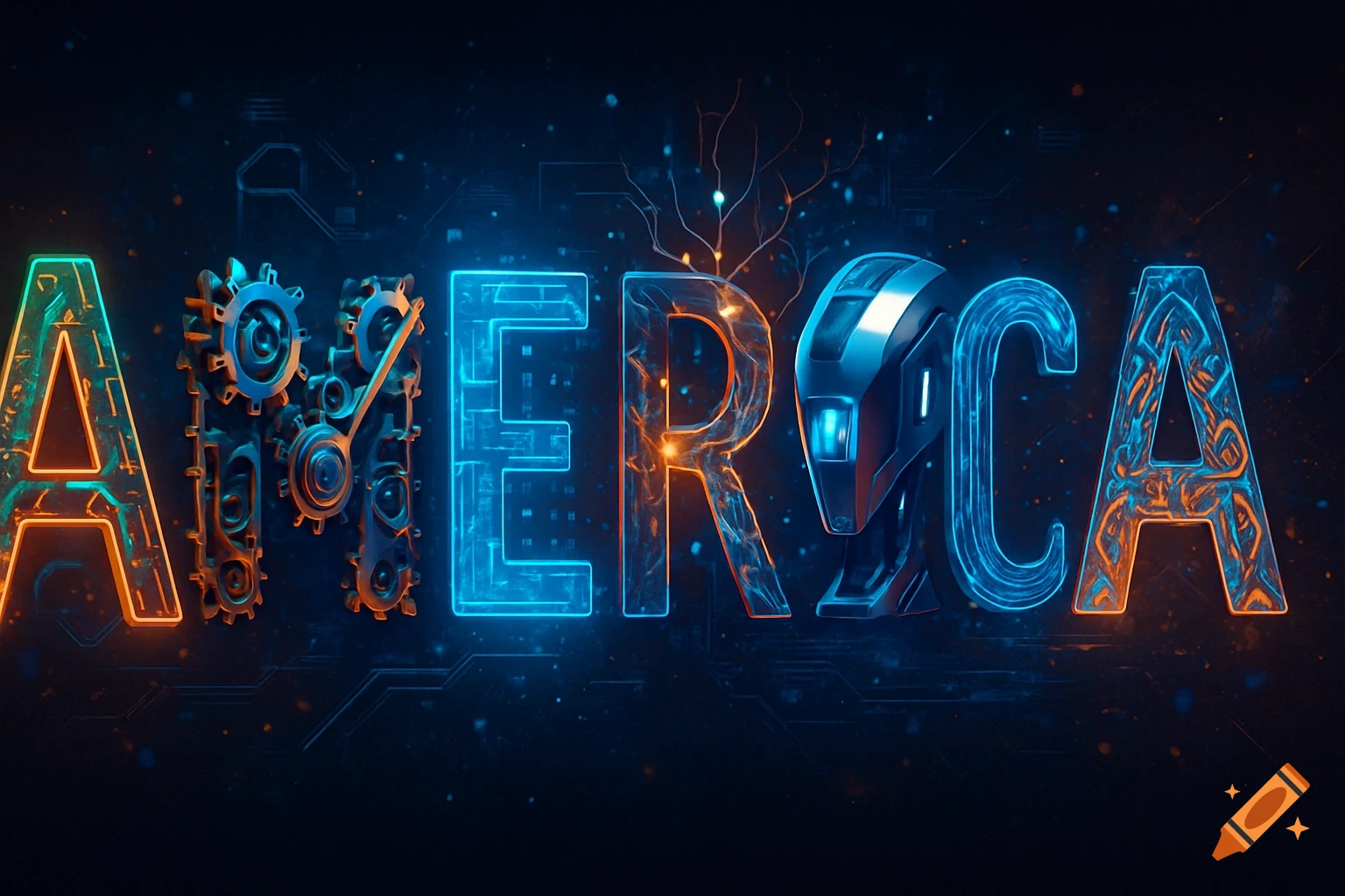 The word 'AMERICA' rendered in a futuristic, digital style with glowing neon and mechanical AI-themed letters against a dark circuit background.